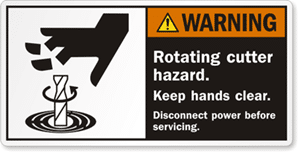 WARNING - Rotating cutter hazard. Keep hands clear. Disconnect power before servicing.