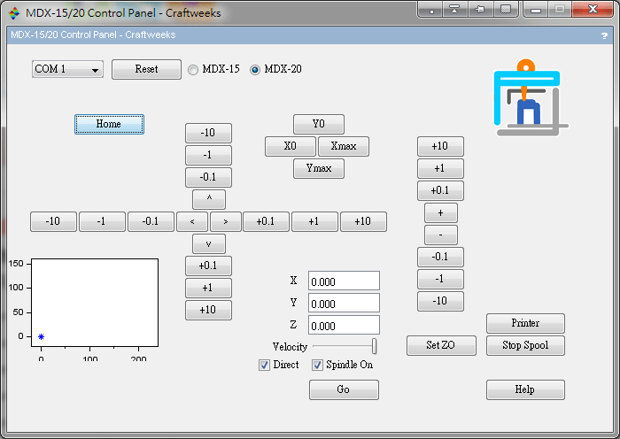 Screenshot of MDXLabPanel v0.4 (A control panel Roland MODELA MDX-15/20)