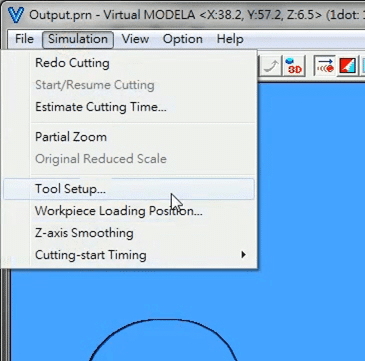 Virtual MODELA Menu: Simulation > Tool Setup