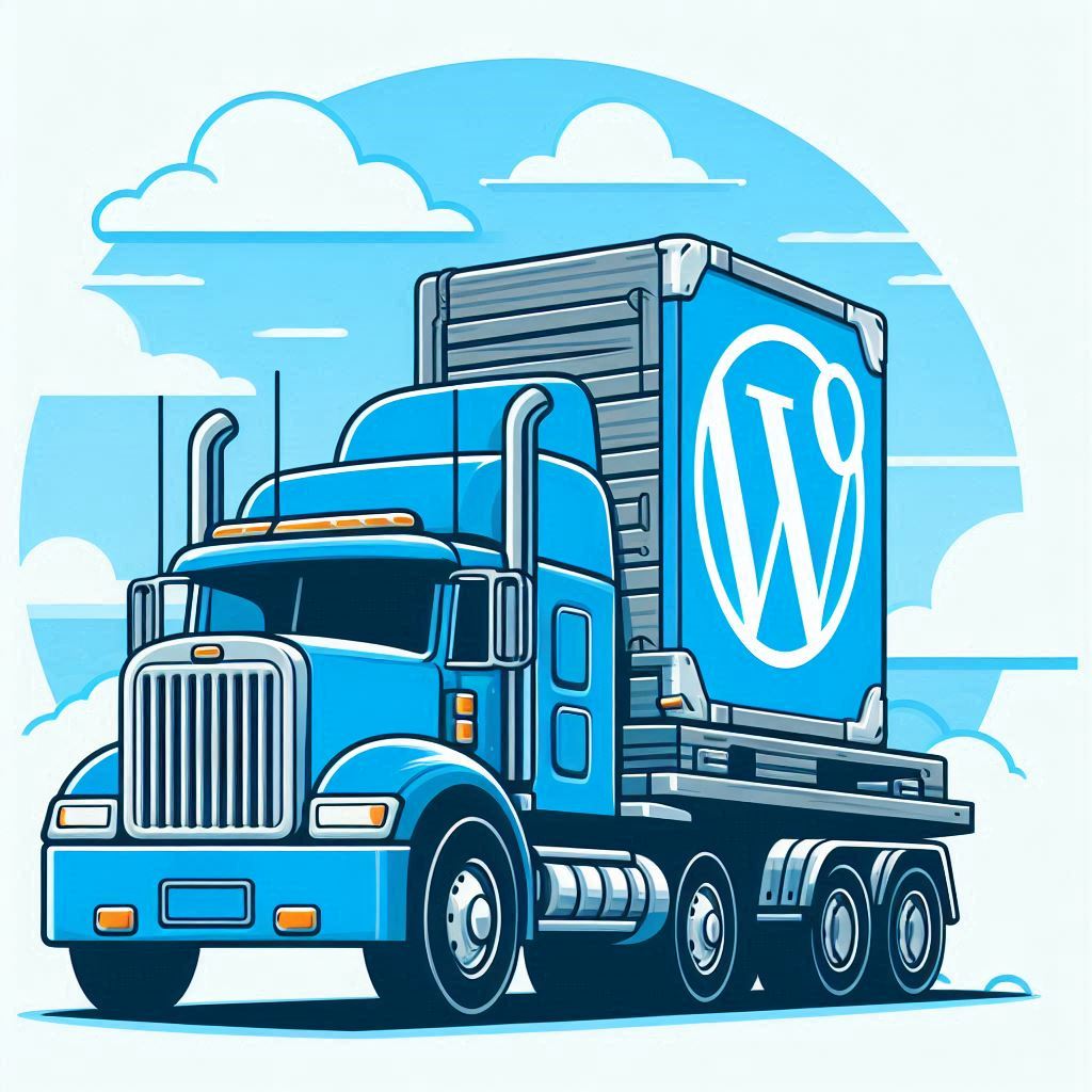 A big truck carrying a WordPress website, symbolizing the transfer or migration of a WordPress website to a new hosting, in blue tone and vector graphics style