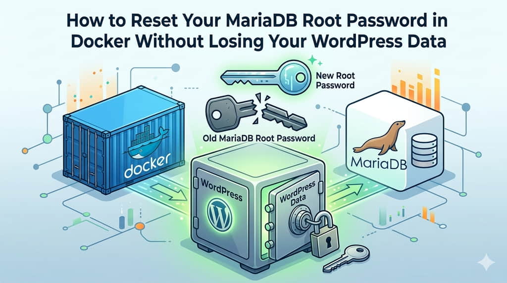 Conceptual illustration titled "How to Reset Your MariaDB Root Password in Docker Without Losing Your WordPress Data." It features a blue Docker container, a WordPress data safe, and a MariaDB block. Above, a broken "Old Password" key is replaced by a glowing "New Password" key, symbolizing a secure recovery.